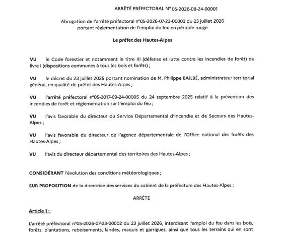 Arrêté préfectoral portant abrogation de l'arrêté du 23 juillet portant réglementation de l'emploi du feu en période rouge