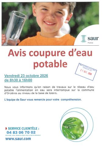 Coupure d'eau le 23 octobre2026